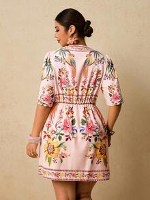 Travachic Plus Size Women V-Neck Short Sleeve Fitted Mini Dress, Pink Floral Print Dress, Romantic Holiday Island Vacation Dress