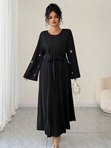 Al Najma Plus Size Women's Autumn Black Beaded Waist Belt A-Line Elegant Arabic Style Dress - Black - View 3