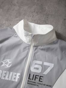 Manfinity EMRG 男士夹克，翻领，拉链前襟，灰白撞色，春秋季休闲穿着，通勤，约会，摄影 - 灰色 - 查看 3