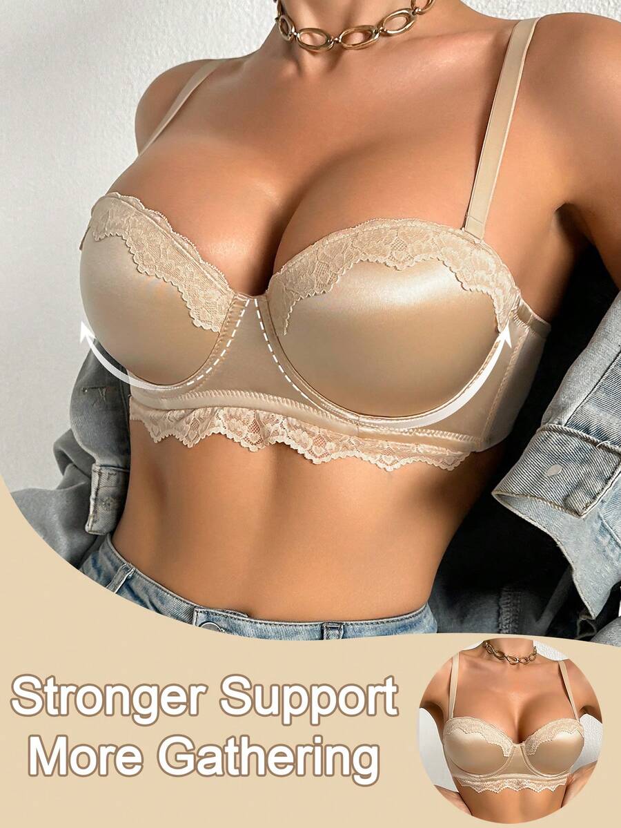 女士舒适纯色亮面光滑文胸，花朵蕾丝花边装饰，性感半罩杯钢圈提拉文胸 - 杏色 - 查看 1