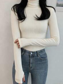 DAZY 女士动物图案高领休闲百搭通勤修身长袖T恤 - 白色 - 查看 2