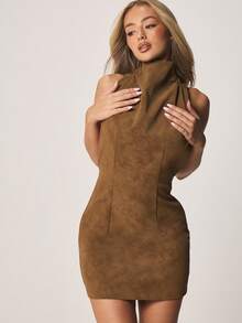 MISSGUIDED Suede Shift Mini Dress Sleeveless High Neck Bodycon Fall Winter Style Party Event Halter Backless Design - Brown - View 5