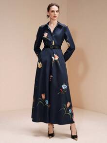 Arave 女士梭织藏蓝色花卉印花长袖收腰A字型长款衬衫裙，优雅女装，女士冬季服装 - 彩色 - 查看 4