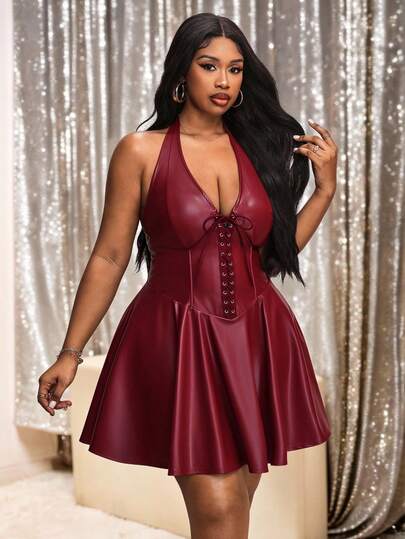 Truni Plus Size Women's Party Holiday Celebration Outfit Y2K Criss-Cross Backless PU Leather Mini Halter Dress, Red Dress, Valentine's Day, For Pear & Triangle Body Shape