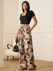 Lilora Women's Elegant All-Over Print Waist Tie Casual Fashion Pocket Pants