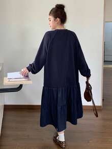 Dazy Plus Fashionable Solid Color Patchwork Tiered A-Line Skirt Knitted Casual Plus Size Women Crew Neck Long Sweatshirt Dress Sundress - Navy Blue - View 3