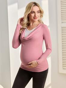 SHEIN Umstandsmode Geraffter Rundhals Langarm Strick Lässig Top - Pink - Übersicht 3