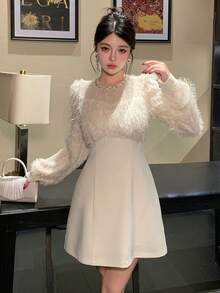 DAZY Đầm nữ thanh lịch dáng lửng, có tua rua, phối nhiều mảnh, thích hợp cho công sở. - Màu be - Xem 6