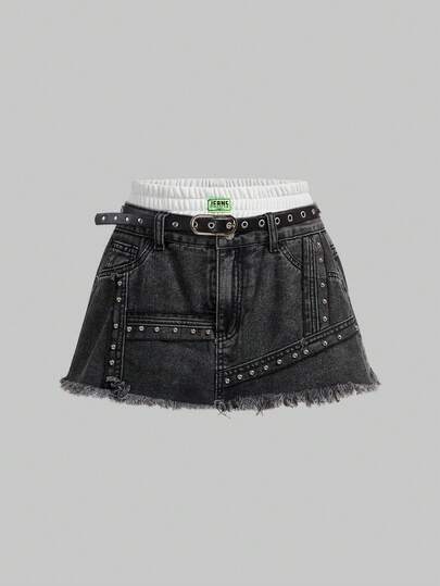 ROMWE Avant Mini-jupe en jean sexy pour femmes avec double taille et décoration métallique à la taille basse