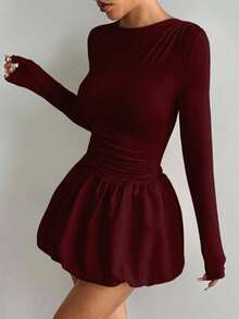 SHEIN PETITE Casual Crew Neck Fitted Top & Bubble Skirt Dress, Long Sleeve, Spring/Autumn - Burgundy - View 5