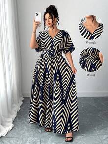 Elenzga Plus Size Women's New V-Neck Floral Print Waist Cinched Flare Maxi Dress, Casual Everyday Wear, Holiday Outfit Women Casual Dress Women Birthday Outfit Women Summer Clothing Work Summer Dresses - Multicolor - View 1