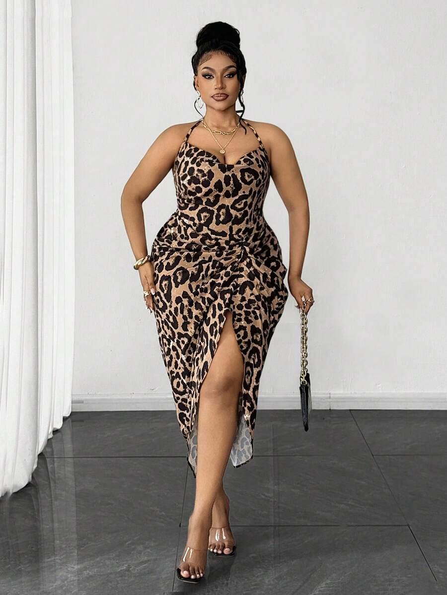 Maweii Plus Size Women Leopard Print Ruched Slit Hem Sexy Halter Neck Dress - Multicolor - View 1