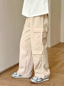 SHEIN Tween 男童休闲宽松直筒纯色工装裤，带口袋，适合通勤、上学、日常休闲、旅行、运动、春夏秋冬