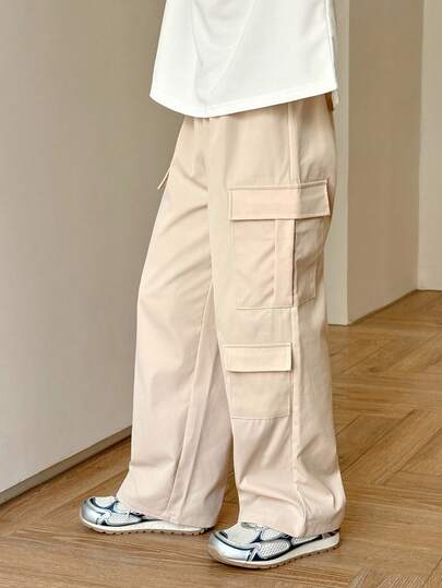 SHEIN Tween 男童休闲宽松直筒纯色工装裤，带口袋，适合通勤、上学、日常休闲、旅行、运动、春夏秋冬