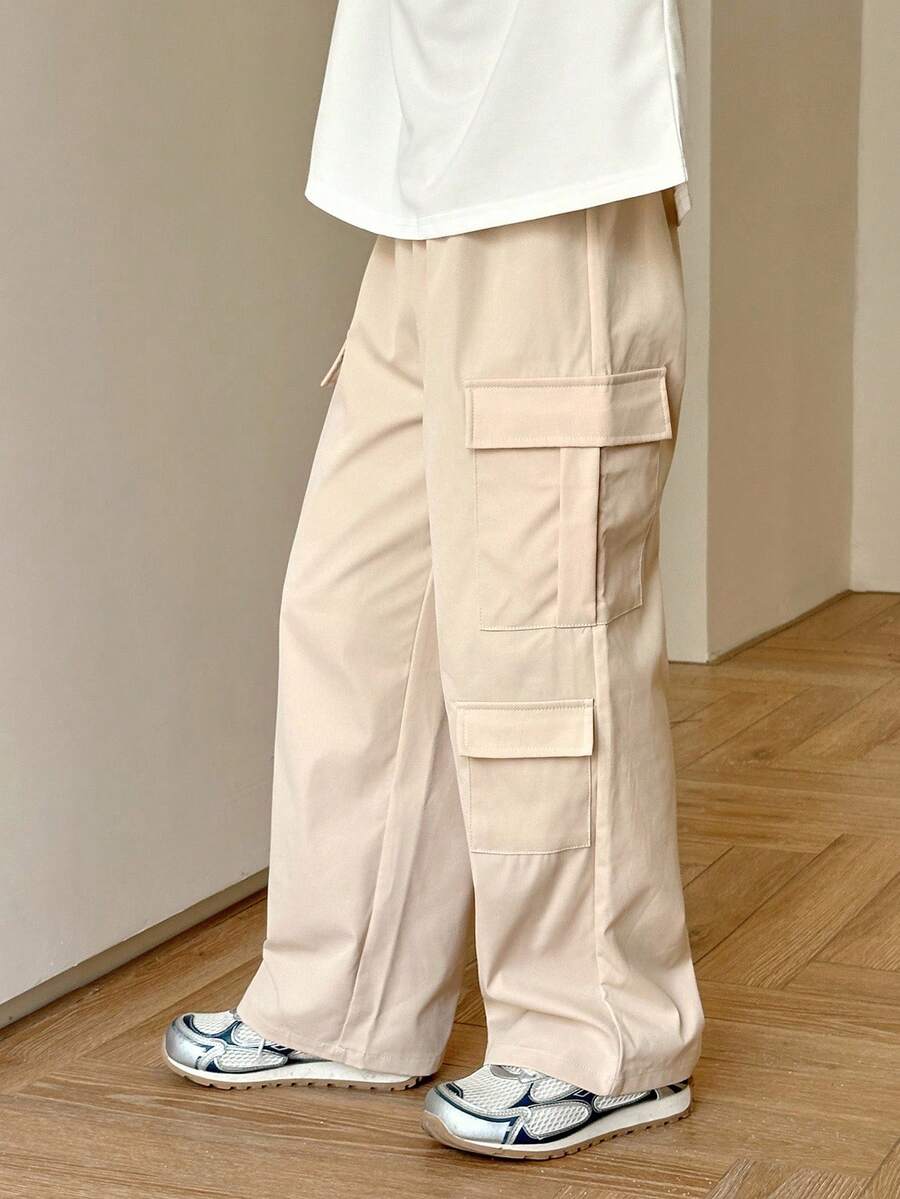 SHEIN Tween 男童休闲宽松直筒纯色工装裤，带口袋，适合通勤、上学、日常休闲、旅行、运动、春夏秋冬