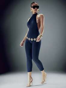 Denimoi Stretch Knit High Neck Low Back Capri Jumpsuit Sexy Jumpsuits Capri Pants Fashionable - Navy Blue - View 1