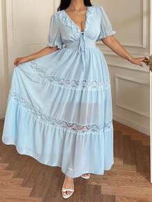 Vibekara Spring, Summer, Fall, Elegant, Vacation French Retro Blue Chiffon Patchwork Lace Trim Tea Length Dress, V-Neck Puff Sleeve Waist Cinched Irregular Hem Party Dress - Blue - View 6