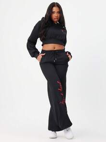 Oversized Cropped Sweatshirt With Text Print Long Sleeve Drawstring Pullover Sweatshirt - Black - View 7