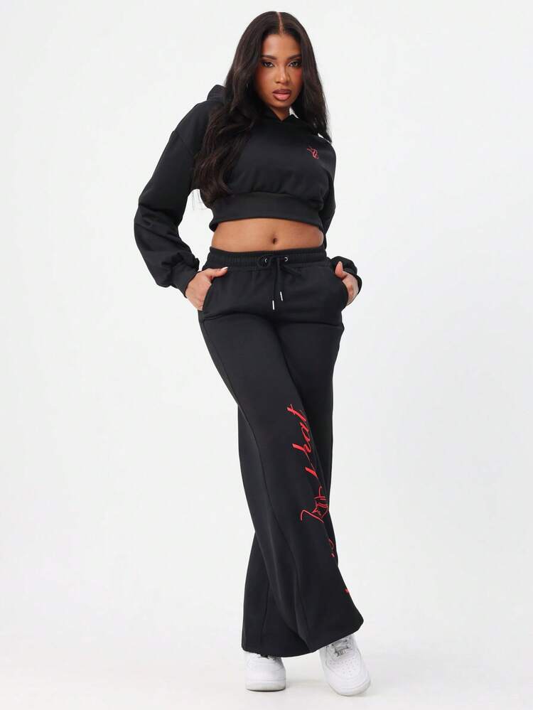 BABYPHAT Moletom Cropped Oversized com Estampa de Texto, Manga Longa, Cordão, Moletom de Gola Redonda