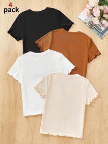 SHEIN 4pcs/Set Tween Girls' Solid Color Round Neck Short Sleeve Ruffle Hem Casual T-Shirts Girls Basic Tops Basic Casual T Shirt For Teen Girls - Multicolor - View 3