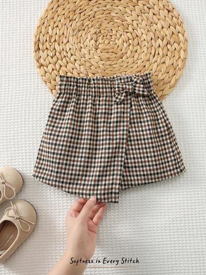 Cozy Pixies Falda-pantalón casual con estampado de cuadros, cintura elástica y bajo asimétrico para niña bebé