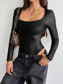 SHEIN Tall 1pc Women's Casual Square Collar Long Sleeve Bodysuit, Warm For Autumn/Winter - Black - View 6