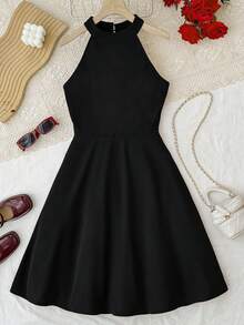 SHEIN Teen Girls Black Knit Halter Neck Sleeveless Cinched Waist A-Line Party Dress, Suitable For Christmas And New Year - Black - View 3