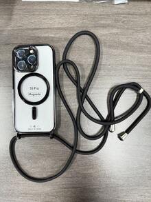 奢华斜挎项链挂绳电镀透明手机壳，兼容 17 Air 16 E 16 15 14 13 12 Pro Max 11，亮面磁吸无线充电保护套 - 黑色 - 查看 1