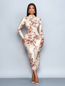 SOLERSUN 女士优雅简约印花镂空长袖连衣裙，适合浪漫情人节、生日、教堂礼拜、夜间外出、圣诞派对、秋冬季等场合。 - 杏色 - 查看 4