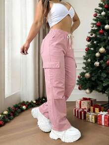 Mujer Pantalón Cargo Casual Bolsillos Grandes Tela Suave Color Liso Corte Recto Ajuste Holgado Cintura Elástica Largo Primavera Otoño Invierno Diario Pantalón - Rosa - Ver 2