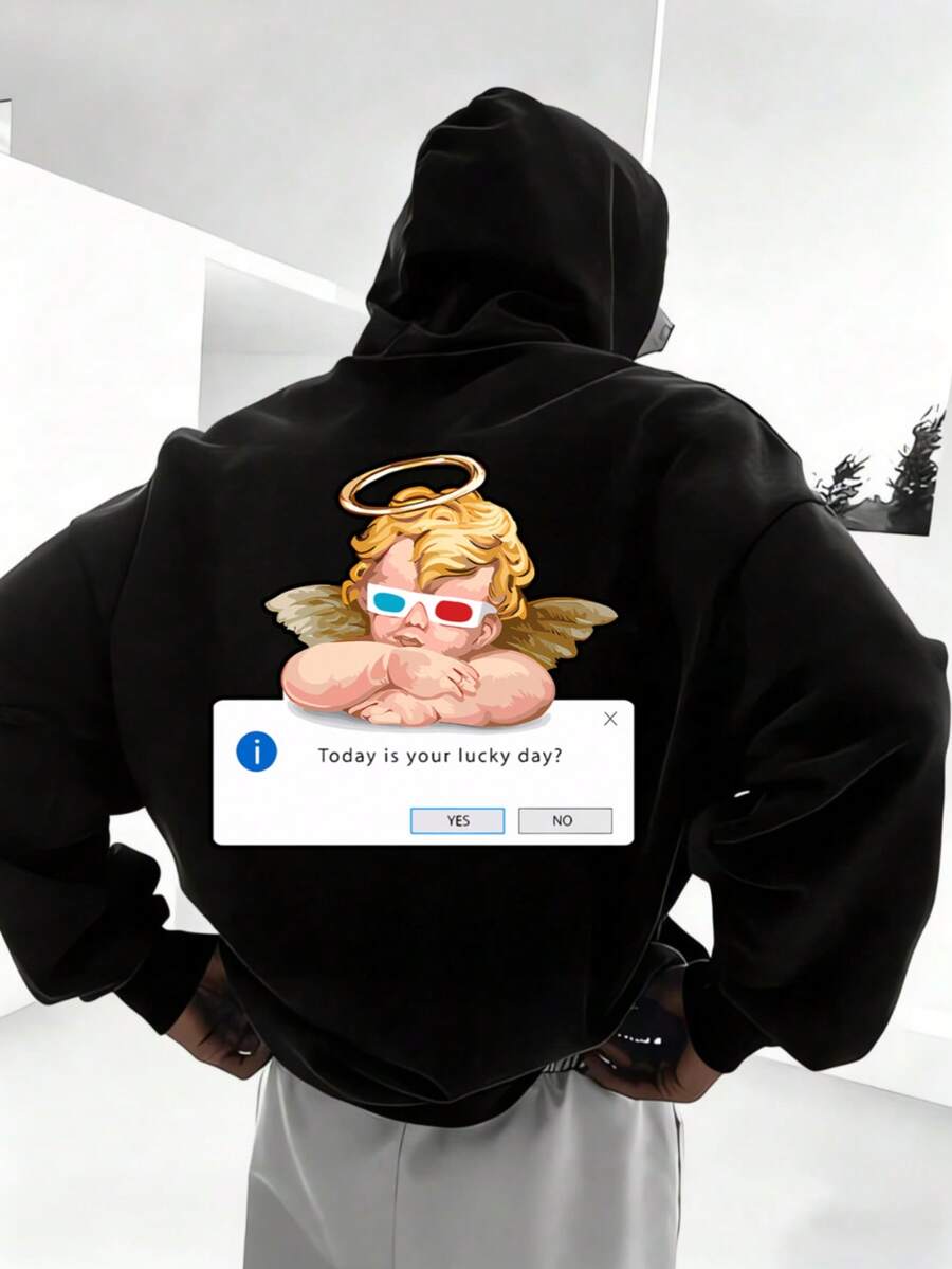 Hombre005-1 ¡Oferta limitada! Sudadera con capucha Cremallera Sudadera con capucha y cremallera unisex de alta calidad. Cálida, cómoda y trendy ahorra hoy en tu básico de temporada Sudadera negra con diseño atractivo de un ángel durmiendo con anteojos 3D y un cuadro de diálogo preguntando "¿Today is your lucky day?" - Negro - Ver 1