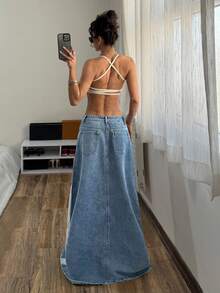 StreetHx Women's Casual Washed Striped Maxi Denim Skirt Jean Skirt Y2k Long Beach Skirt Split Skirt - Blue - View 2