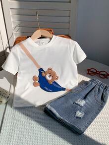 SHEIN Little Byeori Conjunto de 2 piezas de pantalones cortos con relieve de dinosaurio para niños pequeños - Marrón - Ver 5