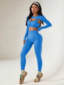 Dewbera Bộ đồ thể thao nữ màu trơn gồm áo hai dây và quần legging. - Màu xanh lam - Xem 6