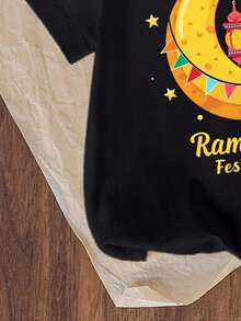 Moon And Lantern Pattern,Round Neck Short Sleeve Outfit For Birthday,Parties,Festivals - Black - View 5