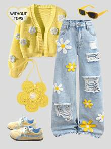 Girlism 少女时尚做旧刺绣阔腿牛仔裤，复古水洗牛仔布，Y2K风格，休闲可爱，复古风，适合日常出行、上学、聚会、居家、度假、返校季、节日等场合。破洞刺绣喇叭裤，夏季、假日、秋季、冬季皆宜，适合日常穿着、校园休闲、返校季、旅行休闲，草莓夏季搭配。 - 淺色水洗藍 - 查看 1