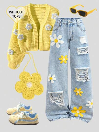 Girlism Tween Girl Fashion Distressed Embroidered Wide Leg Jeans, Vintage Washed Denim, Y2K Style, Casual, Cute, Retro, Suitable For Daily Outings, School, Gatherings, Home, Vacation, Back To School Season, Festivals,Ripped Design Embroidered Flared Leg Jeans Summer Holiday Fall Winter,Suitable For Everyday Wear, Campus Casual, Back To School Season, Travel And Leisure Strawberry Summer Matching