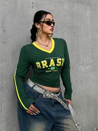 POPSWAY 플러스 사이즈 브이넥 콘트라스트 컬러 신치 허리 프린트 긴소매 티셔츠