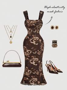 SHEIN MOD Sukienka maxi syrenka w kolorze brązowym z gradientowym kwiatowym nadrukiem, dopasowana, elastyczna, bez rękawów, w stylu western, w stylu boho, w stylu retro z lat 70., z motywem Y2K, idealna na randkę, imprezę, do użytku królewskiego, na festiwal i urodziny - Wielokolorowe - Zobacz 1