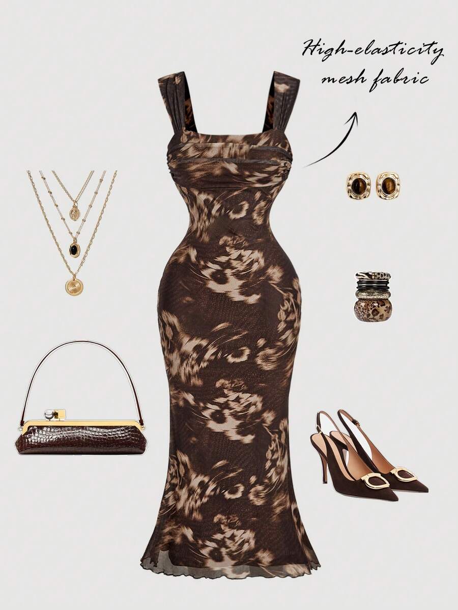 SHEIN MOD Sukienka maxi syrenka w kolorze brązowym z gradientowym kwiatowym nadrukiem, dopasowana, elastyczna, bez rękawów, w stylu western, w stylu boho, w stylu retro z lat 70., z motywem Y2K, idealna na randkę, imprezę, do użytku królewskiego, na festiwal i urodziny - Wielokolorowe - Zobacz 1