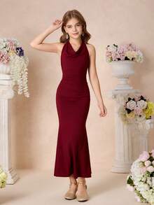 Pitira Vestido de sirena ajustado con cuello drapeado burdeos para niñas preadolescentes, adecuado para fiestas, ocasiones formales, fiestas, cumpleaños, uso diario de niñas, festivales, reuniones familiares y ocasiones especiales, conjuntos de hermanas, lindo, elegante, moda retro dulce, adecuado para la temporada de regreso a la escuela, fiestas elegantes, citas, viajes, adecuado para bodas, fiestas de cumpleaños, bailes, vestidos de dama de honor, galas de noche formal, bodas, graduaciones, niñas de las flores - Burdeos - Ver 5