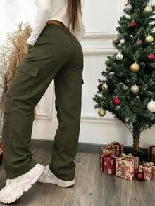 Mujer Pantalón Cargo Casual Bolsillos Grandes Tela Suave Color Liso Corte Recto Ajuste Holgado Cintura Elástica Largo Primavera Otoño Invierno Diario Pantalón - Marrón Chocolate - Ver 3