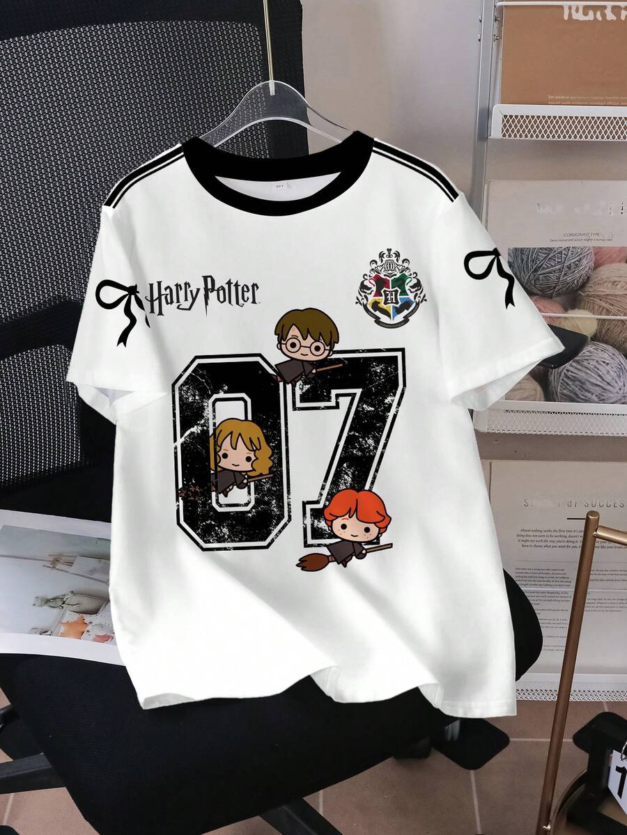 HARRY POTTER X SHEIN Tween Girl Casual Fashion Street Sporty Cartoon Character & Number Letter Graphic Contrast Striped Side Short Sleeve T-Shirt, Summer - White - View 1
