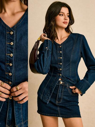 Poéselle Women's Solid Color Casual Long Sleeve Denim Blouse Jean Jackets For Women