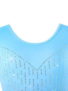 SHEIN 少女扎染渐变粉色连体衣，贴身高弹力舞蹈芭蕾舞紧身衣，镶钻闪亮无袖背心，优雅运动服 - 藍色 - 查看 4