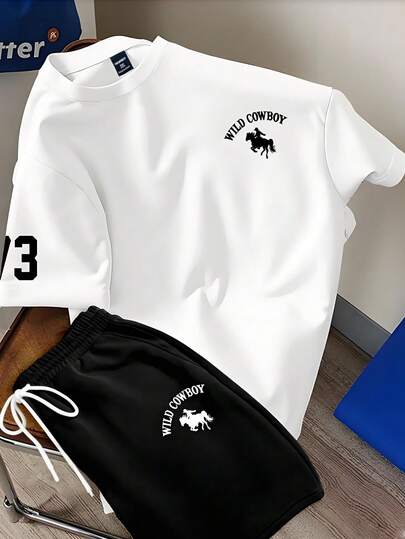 Chillumni 男士加大码复古牛仔马匹标志圆领短袖T恤+短裤套装（2件），休闲简约风格