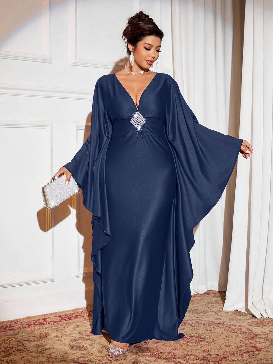 Cravure Đầm dài dự tiệc/tiệc cỡ lớn dành cho nữ, chất liệu dệt kim, cổ chữ V sâu, đính hạt cườm, màu đỏ rượu vang. - Màu xanh hải quân - Xem 1