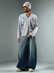 ROMWE MEN Street Life Men's Blue V-Neck Sweater With Architectural Line Pattern - Grey - View 8