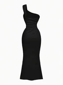 Pitira Teen Girl Black Elegant Fitted One-Shoulder Dress Black Elegant Dress Long Black Dress One Shoulder Dress Pleated Dress - Black - View 5