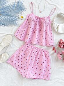 Soleia 2pcs Women Heart Striped Front Tie Camisole Top And Shorts Set